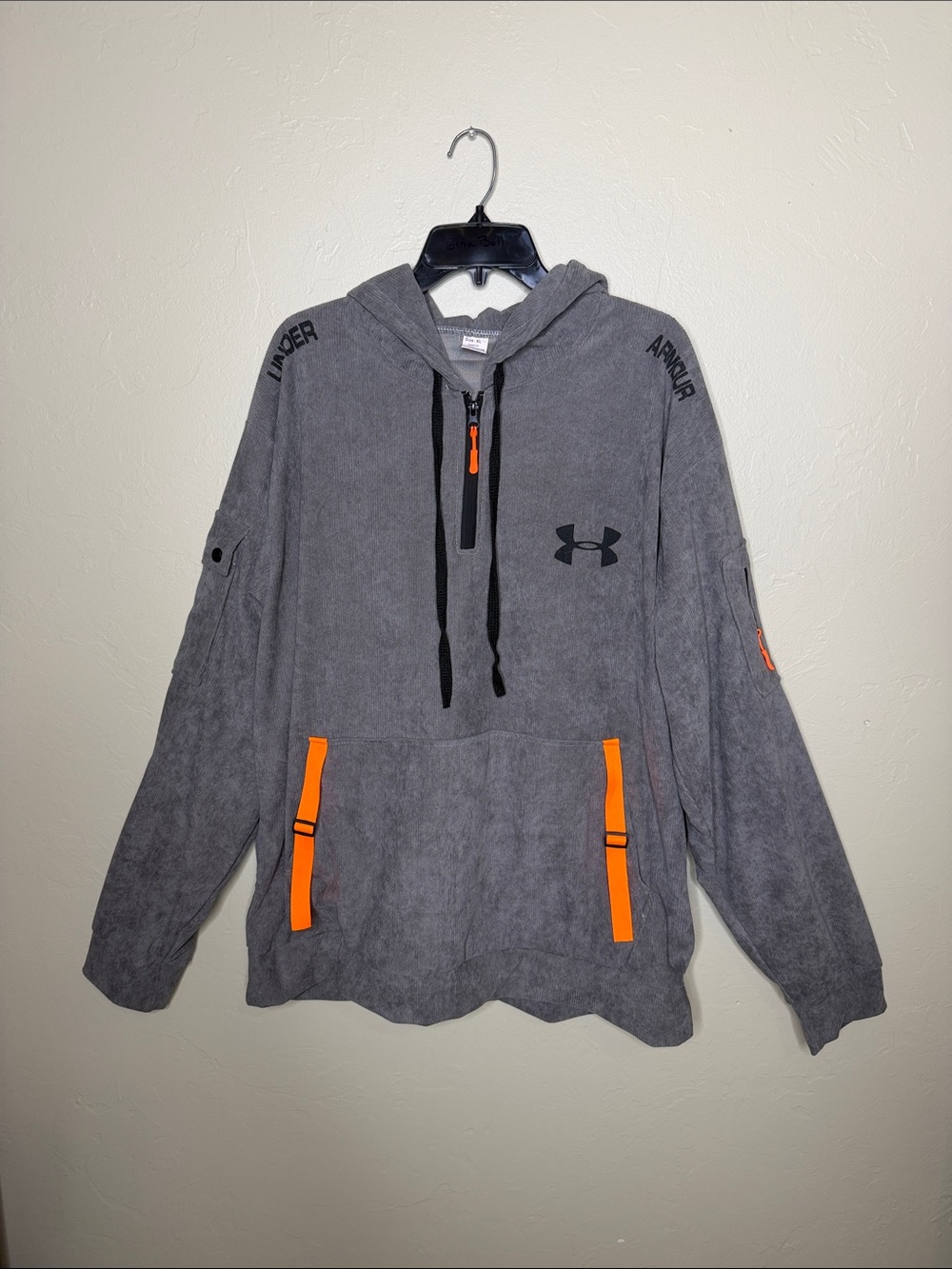 Under Armour Men's Gray Zip-Up Corduroy Hoodie with Orange Accents